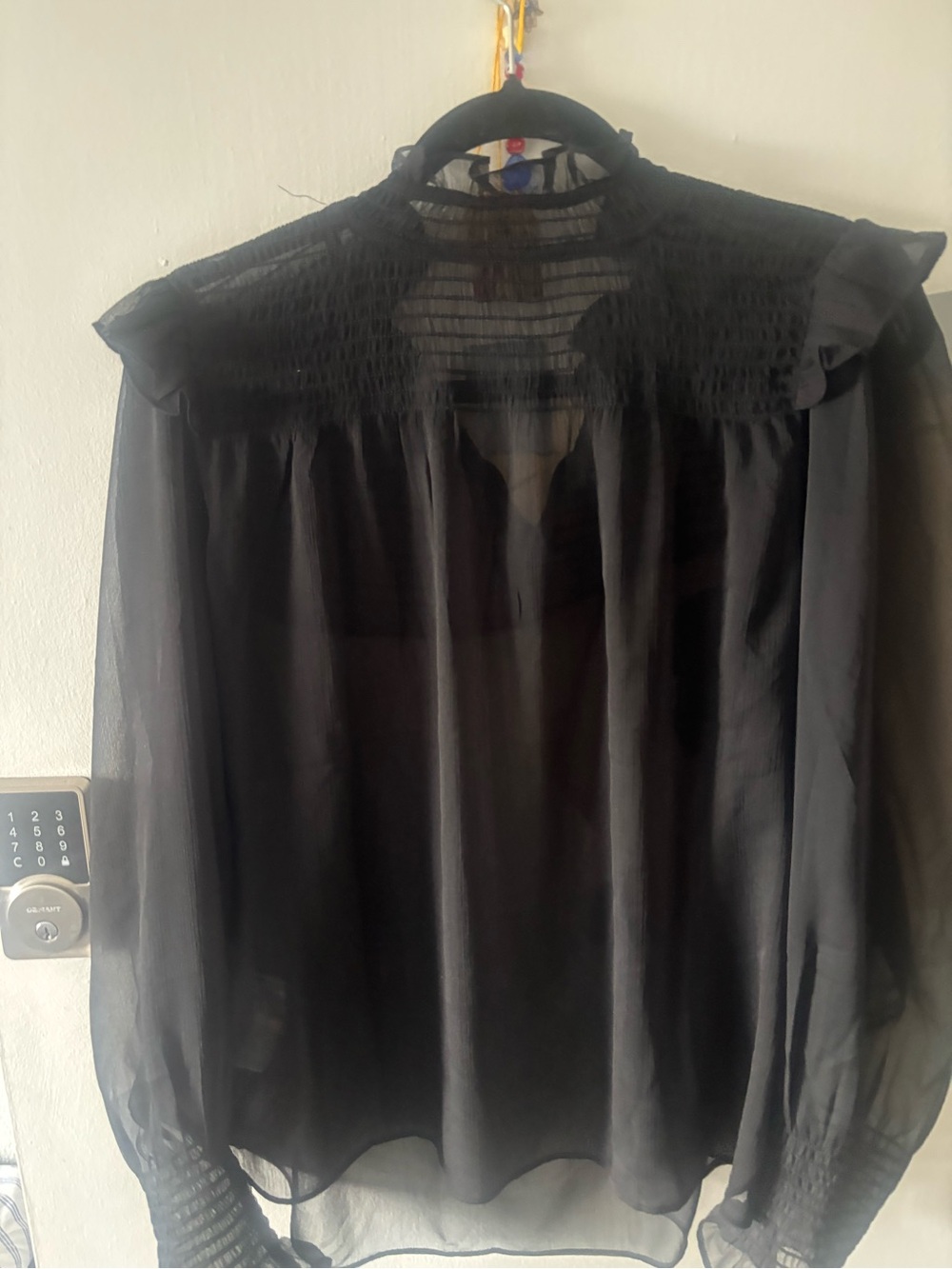 BCBG Sheer Black Ruffle-Trim High Neck Blouse - Picture 7 of 7